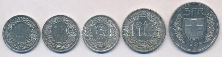 Svájc 1975-1995. 1Fr (3xklf) + 2Fr + 5Fr T:2 Switzerland 1975-1995. 1 Franc (3xdiff) + 2 Francs + 5 Francs C:XF