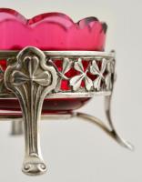 Ezüst (Ag) áttört falú fűszertartó kis kanállal, üveg betéttel , jelzett, d:5,5 cm  összesen nettó:3...