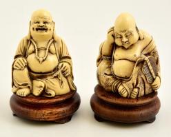 Kínai bölcsek, 2 db műgyanta szobor fa talapzaton, m: 13,5 cm