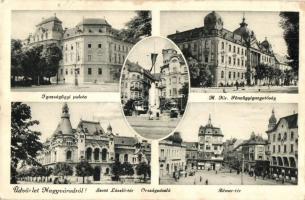 Nagyvárad, Oradea; Igazságügyi palota, M. kir. Pénzügyigazgatóság, Szent László tér, Bémer tér, Országzászló / Palace of Justice, financial directorate, squares, Hungarian flag (EK)