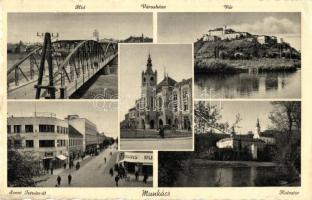 Munkács, Mukacheve, Mukacevo; Szent István út, üzletek, Cikta, híd, Városháza, Vár, Kolostor / street view, bridge, town hall, castle, monastery, shops (EK)