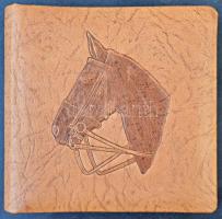 36 lapos bőr képeslap album lófej díszítéssel / leather postcard album with 36 pages and horse-head motive on the frontside
