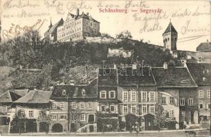 Segesvár, Schässburg, Sighisoara; Fő utca, vár, Flinger üzlete. W. Nagy kiadása / main street, castle, shops (EK)