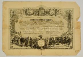 1876 Katonai végelbocsájtó levél, megviselt, szakadt állapotban