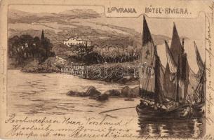 Lovran, Laurana; Hotel Riviera, sailboats. litho (EK)