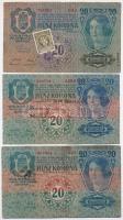 1913. 20K (4x) + 1913. 20K II. kiadás, a bankjegyek többsége felülbélyegzésekkel, egyiken cirill betűs bélyeg és bélyegzés T:III,III- ragasztónyom