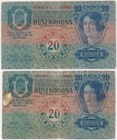 1913. 20K (4x) + 1913. 20K II. kiadás, a bankjegyek többsége felülbélyegzésekkel, egyiken cirill bet...