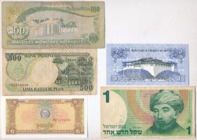5db-os vegyes külföldi bankjegy tétel, közte Bhután, Izrael, Indonézia, Kambodzsa, Maldív-szigetek T:I-III 5pcs of various banknotes, including Bhutan, Israel, Indonesia, Cambodia, Maldives C:UNC-F