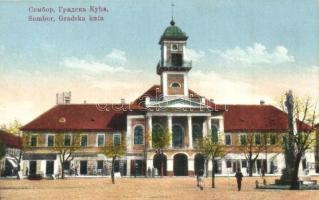 Zombor, Sombor; Gradska kuca / Városháza, üzletek / town hall, shops + 1941 Zombor visszatért So. Stpl. (ragasztónyom / glue mark)