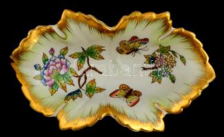 Herendi Viktória mintás leveles tálka, kézzel festett, jelzett, hibátlan, 15,5×8×4 cm