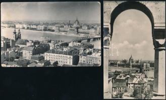 cca 1954 Budapest, Kossuth híd ábrázolások, 2 db vintage fotó + hozzáadva 1 db képeslapot, 14x9 cm és 18x24 cm között