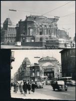 cca 1965 Budapest, 39-es és 7-es autóbusz a bontásra ítélt Nemzeti Színháznál, 2 db vintage fotó, 9x12 cm és 9x14 cm
