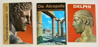 Vegyes könyvtétel, 3 db: Dr. Demetrios Papastamos: Die Akropolis. Athén, é.n.,Olympic Color. Kiadói papírkötés, számos illusztrációval, német nyelven.  Delphi. Athén, 1976, Orpheus. Kiadói papírkötés, számos illusztrációval, német nyelven.  Dr. Semni Karouzou: Nationalmuseum. Athén, 1988, Ekdotike Athenon S.A. Kiadói papírkötés, számos illusztációval, német nyelven.