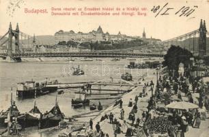 Budapest, Duna részlet, Erzsébet híd és a Királyi vár, rakpart, piac, gőzhajók. Taussig A. kiadása (EK)