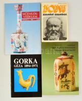 4 db kerámiával kapcsolatos kiadvány: Katona Imre: Zsolnay Vilmos (1977); Katona Imre: Habán művészeti emlékek Magyarországon (é. n.); Műemlékvédelem 47. évf. (2003) 4. sz.; Gorka Géza 1894-1971 (1987). Papírkötésben, jó állapotban.