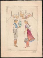Conrad Gyula (1877-1959): Karácsony, színezett rézkarc, papír, jelzett, 13,5×9,5 cm