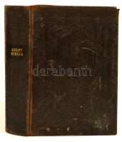 Szent Biblia. Fordította: Károli Gáspár. Berlin, 1859, Trowitzsch és Fia, 828+276 p. Díszes egészbőr-kötésben, rossz állapotban, kopott, sérült borítóval, kopott gerinccel, sérült, javított kötéssel, foltos lapokkal (466-467. oldalak, lapszélek), az elülső szennylap szakadt, hiányos, a 465/466 oldal szakadt.