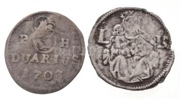 1524L-K Denár Ag II. Lajos (0,57g) + 1703K-B Duarius Ag I. Lipót (0,55g) T:2- patina, hajlott lemez Huszár: 846., 1499, Unger II: 675., 1105.