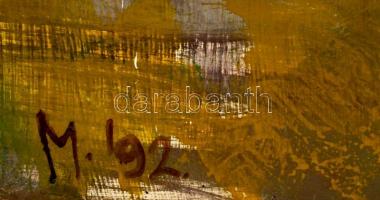 Varga Patrícia Minerva (1963- ): Széken ülve, olaj, fa, jelzett, keretben, 43×43 cm