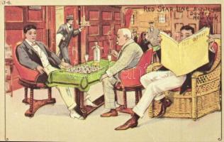 Red Star Line steamer advertisement card, men playing chess in the Smoking Lounge of the ship (fa)