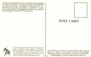 Red Star Line steamer advertisement card, men playing chess in the Smoking Lounge of the ship (fa)