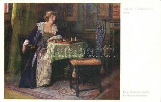 Eine Schachaufgabe / Lady playing chess, art postcard. Galerie Wiener Künster Nr. 1253. s: Jos. E. Hörwarter
