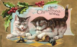 Best Christmas Wishes! Cats playing with chess pieces. Xmas-Cats Series. Emb. litho (EK)