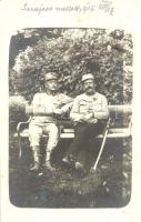 1915 Szarajevó mellett. Osztrák-magyar tisztek egy padon a parkban / WWI Austro-Hungarian K.u.K. military officers near Sarajevo in a park. photo + M. kir. pécsi 19. népfölkelő parancsnokság IV. hadtápzászlóalj