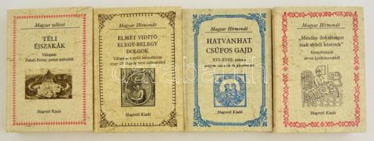 A Magyar Hírmondó 3 és a Magyar tallózó 1 kötete: Minden doktorságot csak ebből késértek Szemelvények orvosi kézikönyvekből; Hatvanhat csúfos gajd. XVI-XVIII. századi magyar csúfolók és gúnyversek; Elmét vidító elegy-belegy dolgok. Válogatás a győri kalendáriom 1749-től 1849-ig tartó időszakából; Téli éjszakék. Válogatás Faludi Ferenc prózai műveiből. Kartonált papírkötésben, jó állapotban.