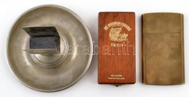 Dohányzó tétel, 3 db: fa szivarkás doboz, réz cigaretta tartó, jelzett alpakka gyufatartó, különböző...