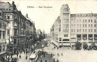 Praha, Prag, Prague; Der Graben / square, tram, shops (EK)
