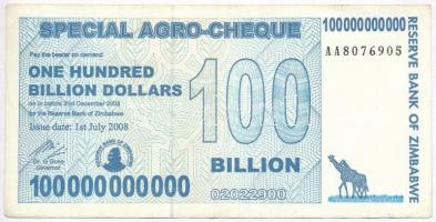 Zimbabwe 2008. 100.000.000.000$ Reserve Bank of Zimbabwe bemutatóra szóló csekk T:III Zimbabwe 2003. 100.000.000.000 Dollars Reserve Bank of Zimbabwe bearer cheque C:F