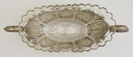 Ezüst (Ag.) jardiniere, kalapált , öntött fülekkel, jelzett (V.J), pótólt csiszolt üvegbetéttel  40×...