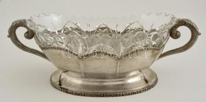 Ezüst (Ag.) jardiniere, kalapált , öntött fülekkel, jelzett (V.J), pótólt csiszolt üvegbetéttel  40×...