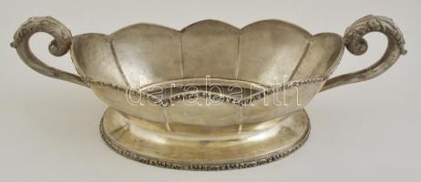 Ezüst (Ag.) jardiniere, kalapált , öntött fülekkel, jelzett (V.J), pótólt csiszolt üvegbetéttel  40×...