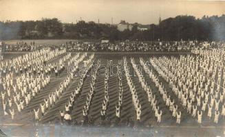 3 db régi fotó képeslap sportünnepélyről, tornászok bemutatója / 3 pre-1945 photo postcards of sports festivals, gymnasts' formations