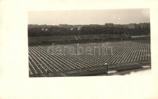 3 db régi fotó képeslap sportünnepélyről, tornászok bemutatója / 3 pre-1945 photo postcards of sport...
