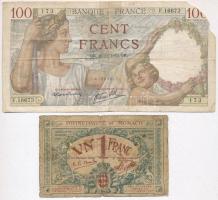 Vegyes: Franciaország 1940. 100Fr + Monaco 1920. 1Fr T:IV sarokhiány,ragasztás Mixed: France 1940. 100 Francs + Monaco 1920. 1 Franc C:G missing corner,sticked