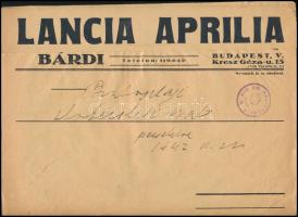 1942 Lancia Aprilia Bárdi, Bp., borítékja, szakadt, kissé hiánnyal, m. kir. hadiüzemi pecsétekkel