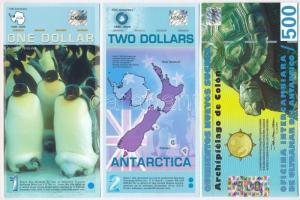 Antarktisz 2007. 1$ + 2$ + Galapagos-szigetek 2009. 500S mindhárom fantázia bankjegy T:I
Antarctica...