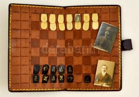 cca 1916 Hordozható csont sakk-készlet, hiányos, az egykori tulajdonos fényképeivel