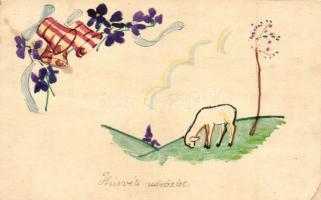 1953 Húsvéti üdvözlet. Kézzel készített és rajzolt ünnepi üdvözlőlap / Easter greeting hand-made and hand-drawn postcard