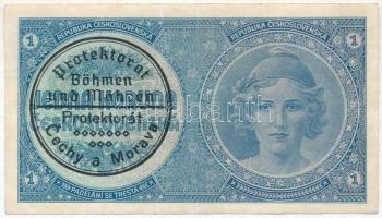 Német Harmadik Birodalom / Cseh-Morva Protektorátus 1939. 1K csehszlovák bankjegy felülbélyegezve T:III German Third Reich / Protectorate of Bohemia and Moravia 1939. 1 Korun Czechoslovakian banknote with overprint C:F Krause 1