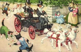 Cats going to the wedding with dog-drawn carriage and dog chauffeur. Alfred Mainzer ALMA No. 4701. Max Künzli (gluemark)