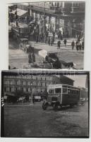cca 1930 Budapest, A 75-ös villamos az EMKE Kávéháznál és az 1-es busz az Oktogonon, 2 db fotó, későbbi előhívások, 9x10,5 és 9x12 cm