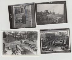 cca 1930-1950 Budapest, A 7-es, 44-es, 60-as és 75-ös villamosok, köztük több felborult villamos fotója, 4 db későbbi előhívás, tollas jelölésekkel, 6x6 és 6,5x9,5 cm