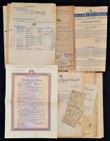 1945-1948 Vegyes okmány tétel, közte biztosítási papírok, Első Magyar Általános Biztosító Társaság, Triesti Általános Biztosító Társulat, Állami Biztosítótól, többségében biztosítási kötvények, közte ideiglenes biztosítási kötvények, részben levelezés, közte biztosítási szakértővel történő levelezés, változó állapotban