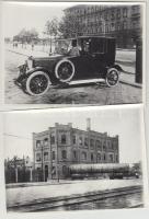 cca 1920-1930 Budapest, Az autótaxi garázs épülete 75 000 literes tartállyal, és régi taxikról készü...