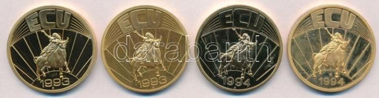 1993. ECU / Nagy-Britannia + 1993. ECU / Olaszország + 1994. ECU / Hollandia + 1994. ECU / Belgiume aranyozott, részben festett emlékérem (40mm) T:1-