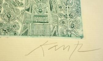 Kass János (1927-2010): Vízöntő. Rézkarc, papír, jelzett, üvegezett keretben, 15×15 cm